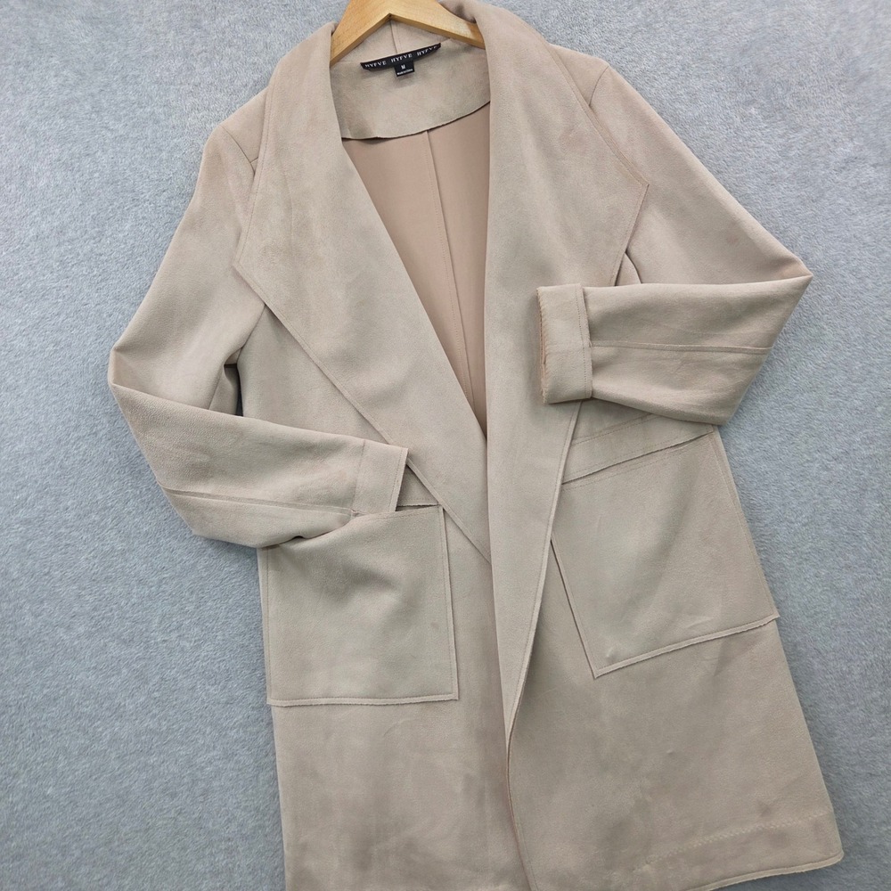 Cottagecore HYFVE Minimalist Faux Suede Open Front Trench Coat Women M Tan Beige